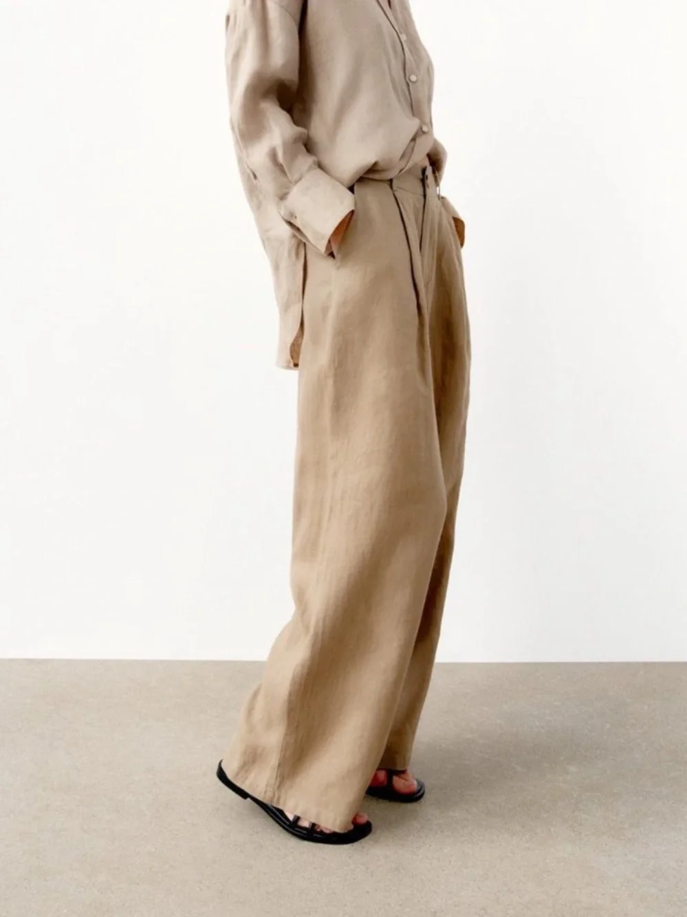 Zara 100% Linen Neutral Tan High Waist Wide Leg Pants M